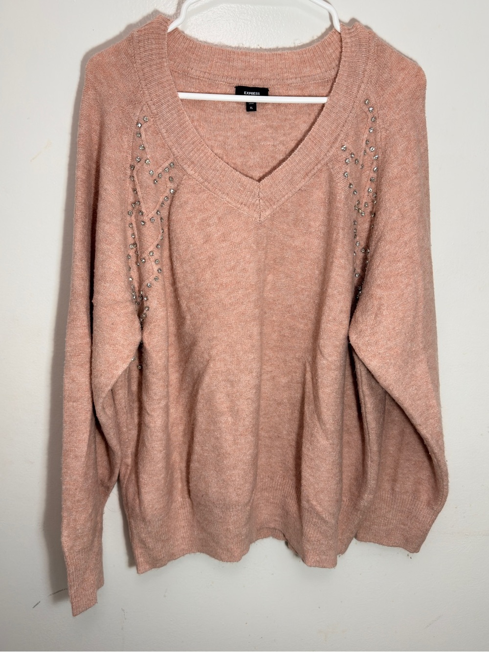 Express Women's Dusty Rose V-Neck Sweater with Shoulder Stud Detail-XL